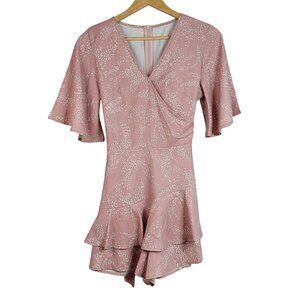 Womens Romper Pink Mauve Small Leaves Short Sleeves V Neck Ruffle Mini Zip Tie